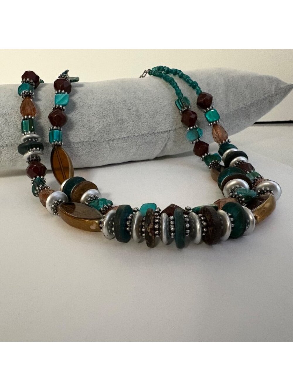 Multicolor Beaded Necklace Teal Brown Silver Tones Boho Fashion Jewelry